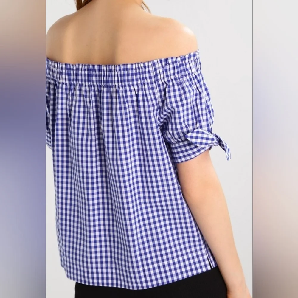 J.Crew Off the Shoulder Top in Gingham Blue Sapphire White Cotton Tie Knots